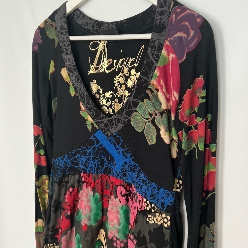 DESIGUAL V Neck Embroidered Multi Print Top Long Sleeve Small - Picture 6 of 12